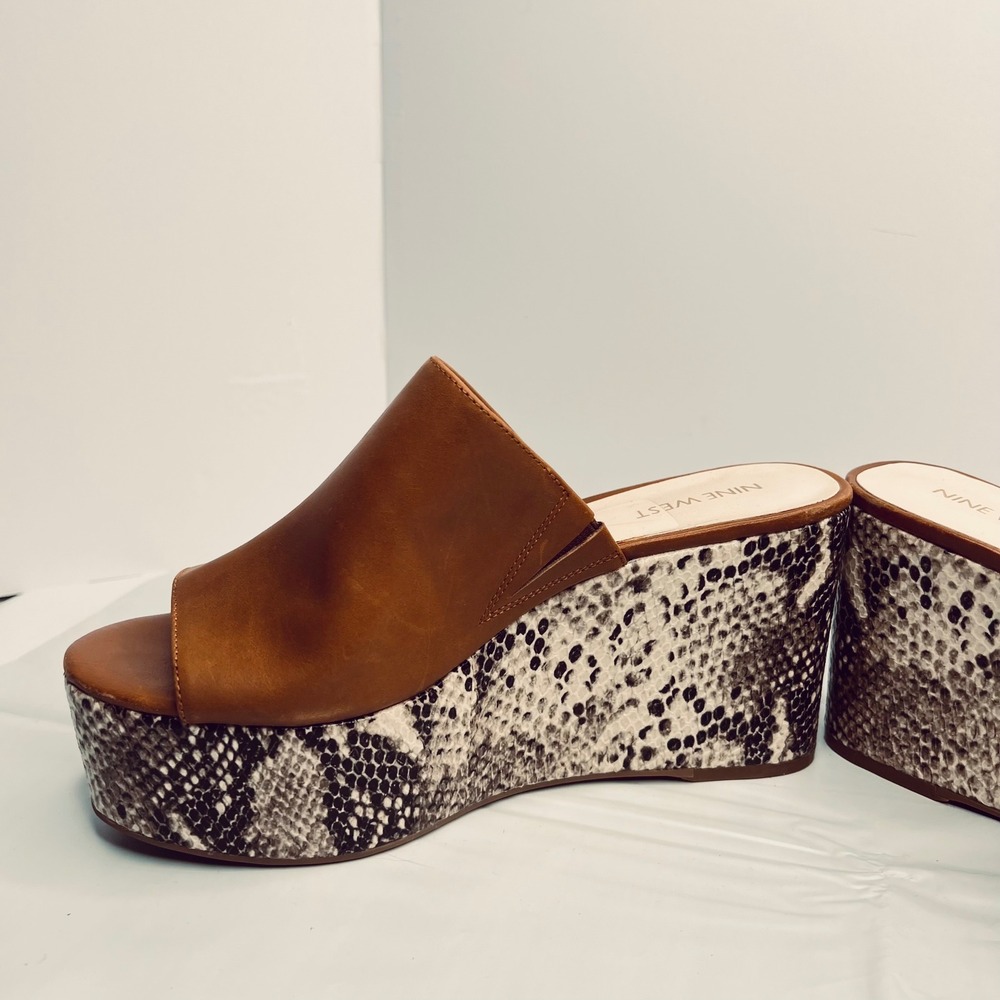Nine West Platform Slides Snakeskin Heel Leather Sz 8 Boho Wedge Animal‎ Print - Picture 5 of 10